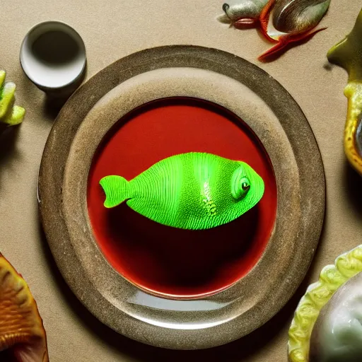 Prompt: unknown slimy and aquatic animals, highly detailed render, displayed on a dinner plate, cut to piece, 8K HD, food photography