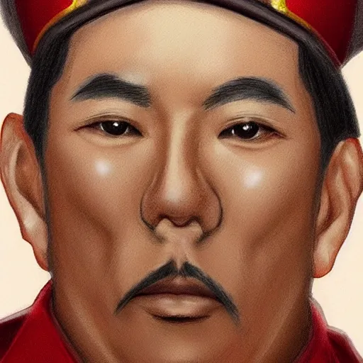 Image similar to tall thin asian man in a red military uniform, golden eyes, dark red military jacket, brown pocketed pants, flame insignia patches, medium length hair, stalin style hat, full body portrait, trending on artstation, detailed art, wlop, great drawing