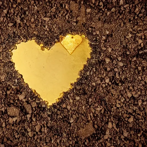 Prompt: heart made of gold smashed on the ground and broken into pieces