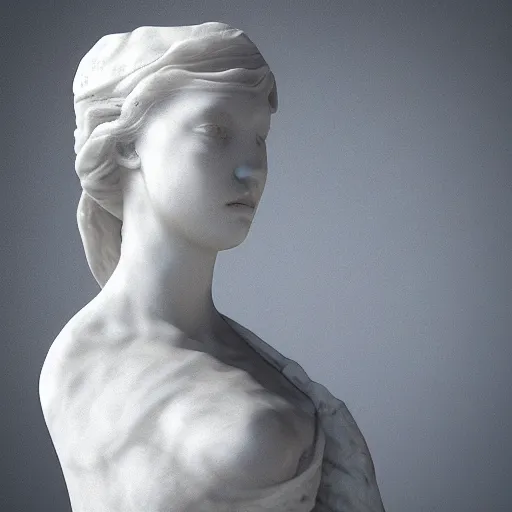 Prompt: “a delicate marble sculpture dramatic portrait of a woman covered with water veil, highly detailed marble cloth, gi, global illumination, physically based rendering, photorealistic, top light, dark background”