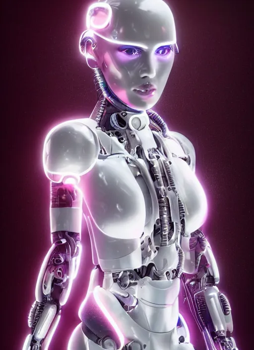 Image similar to photorealistic detailed full body picture of a female cyborg, pretty face, neon lights, white suit, humanoid, extreme, uhdr, book called the most influental cyborg in 2 0 5 0, fine details, highly detailed, intricate, smooth sharp focus