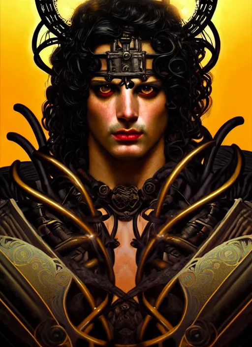 Prompt: portrait of greek god ares, black curly hair, glowing eyes, volumetric lights, war, weapons, yellow red scheme, art nouveau botanicals, gothic, intricate, highly detailed, digital painting, artstation, concept art, smooth, sharp focus, symmetric face, illustration, steampunk, art by artgerm and greg rutkowski and alphonse mucha