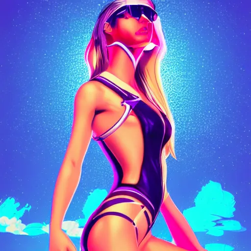 Prompt: synthwave, retrowave, cute 1 9 6 0 s girl wearing aviator reflective sunglasses at the beach, perfection, artstation