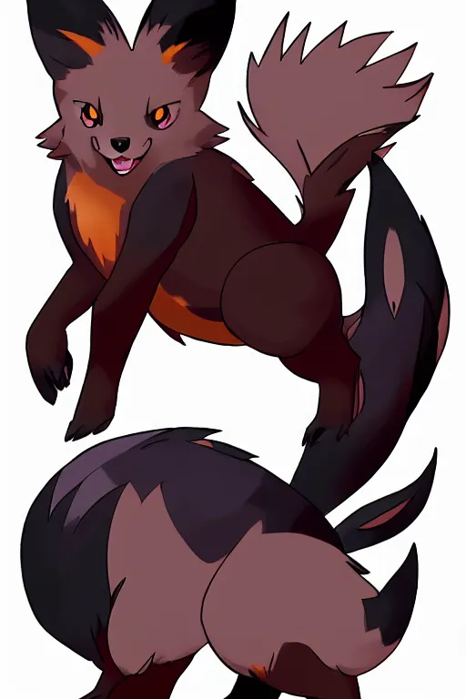 Image similar to zorua pokemon, stylised fox - like appearance, black and auburn colour pallet, thick furry neck and chest fluff, stylised 🖌 - like hair, pokemon concept art with multiple angles, super detailed, clean lines, digital art