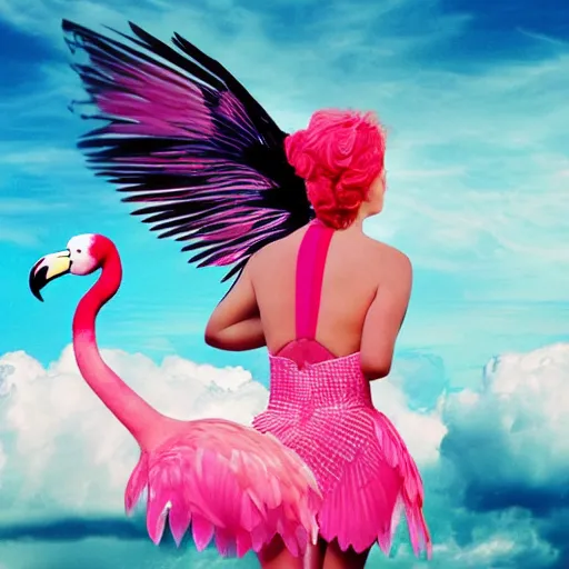 Image similar to goddess wearing a flamingo fashion, photoshop, colossal, creative, giant, digital art, photo manipulation, clouds, sky view from the airplane window