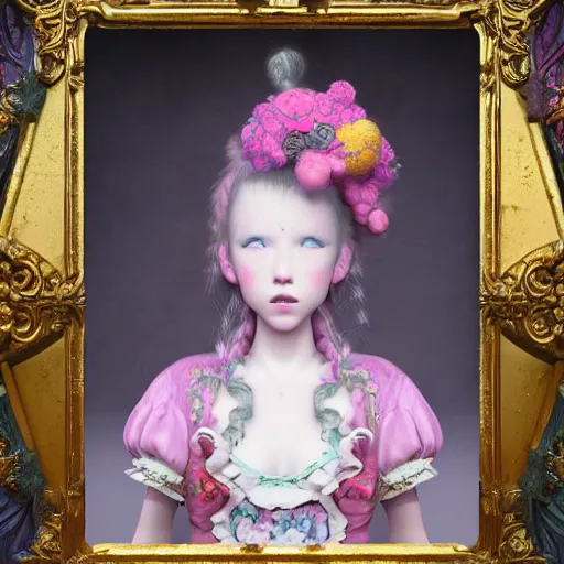 Image similar to 8 k, octane render, realism, tonalism, renaissance, rococo, baroque, portrait of a young - lady wearing long - harajuku manga - dress with flowers and skulls, cotton candy!! ( background chaotic gold leaf flowers )