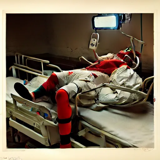 Image similar to hysterical and crazy clown lying in hospital bed with wrist restraints on, restraints straps attached to hospital bed siderails, greg rutkowski, photograph, 8 k