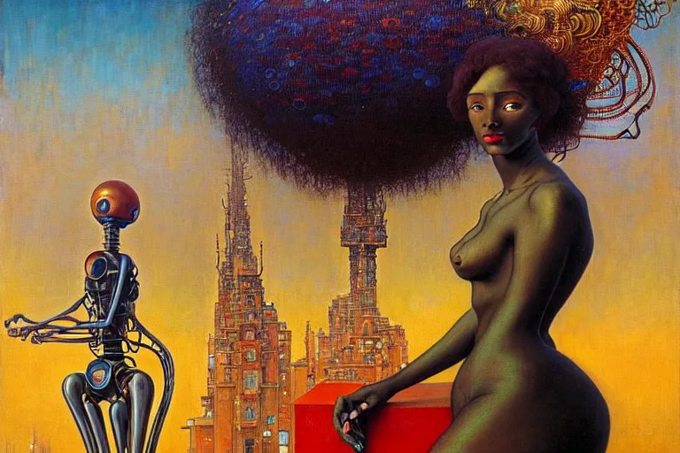 Image similar to realistic extremely detailed portrait painting of a beautiful black woman with a robot, city street on background by Jean Delville, Amano, Yves Tanguy, Ilya Repin, Alphonse Mucha, Ernst Haeckel, James C. Christensen, Edward Robert Hughes, Roger Dean, rich moody colours