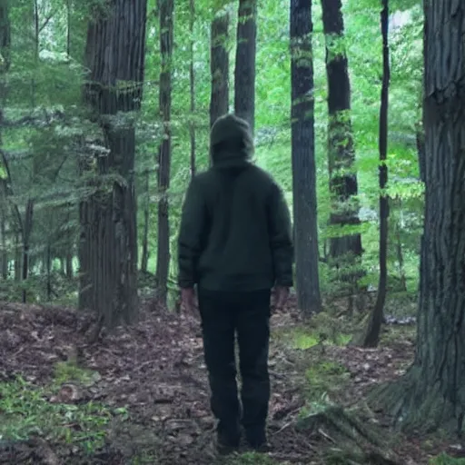 Prompt: Among Us imposter in woods found footage