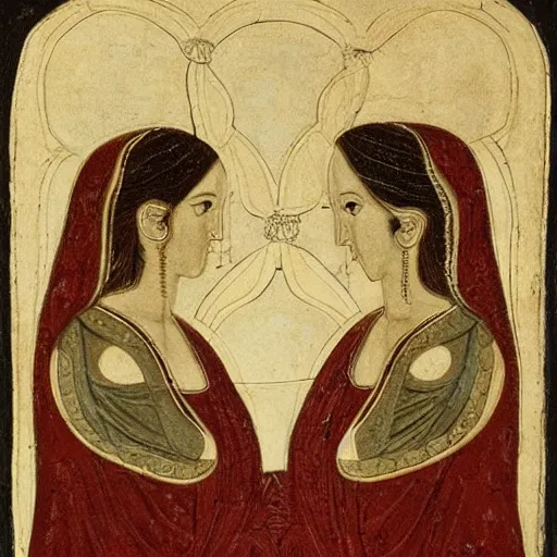 Prompt: a scene of two identical beautiful female priestesses face to face, full of detail