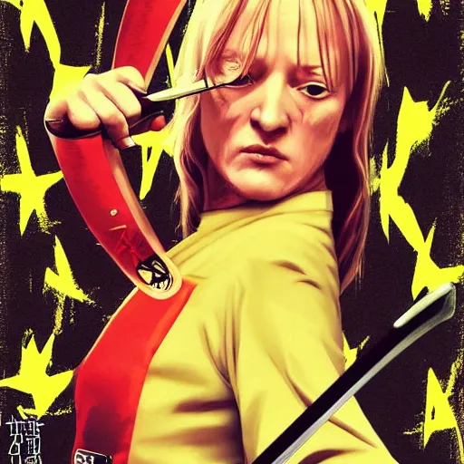 Prompt: kill bill movie poster with uma thurman swinging katana by tarantino, wlop and artgem, beautiful portrait, enhanced eye detail, exquisite hair and body