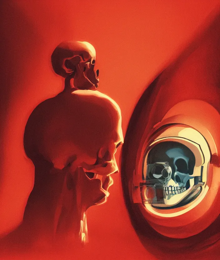 Image similar to a portrait of an astronaut, his head is a skull, the skull is screaming, mysterious, very aesthetic, cinematic and dramatic red light, in the style of edward hopper 4 k,