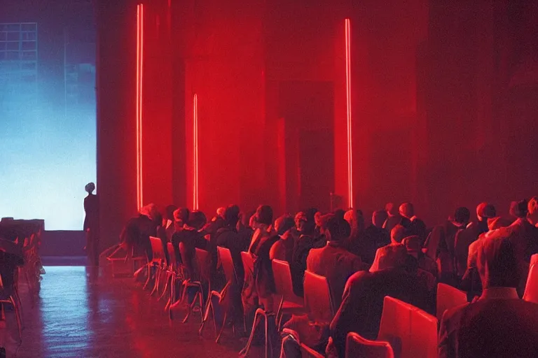 Prompt: back of a man facing a dark conference hall, people cheering at the atmospheric and obscure, red neon light, by roger deakins, cinematography, syd mead