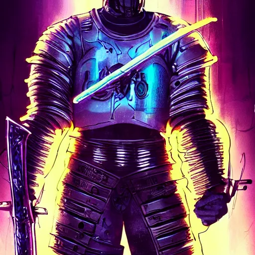 Image similar to a cyberpunk knight in heavy armor holding a large sword in a cyberpunk setting, comic book art, cyberpunk, art by stan lee,, colorful, bright high tech lights, dark, moody, dramatic, 8 0 s vibe, neon lines marvel comics, dc comics