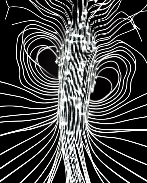 Image similar to black and white connected cyborg - plant goddess high quality photo, microchip, artificial intelligence, bio - mechanical bio - luminescence, black wired cables, neurons, nerve cells, cinematic, rim light, photo - realistic, elegant, high detail, 8 k, masterpiece, high fashion, in the style of man ray