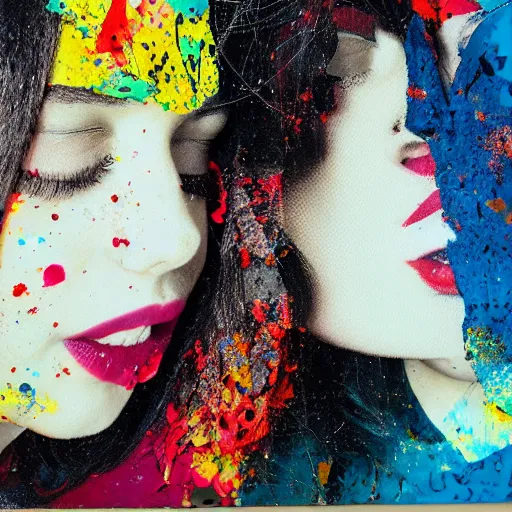 Image similar to double exposure of two women kissing ( closeup ) and a bizarre painting, lomography. this photograph is subsequently printed out and splattered with paint. mixed media collage art with magazines and found art