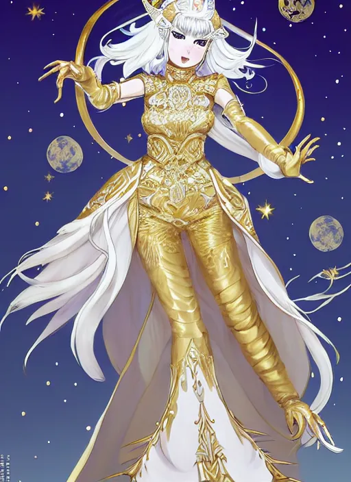 Prompt: commissioned full body portrait of a female anthro werewolf princess fursona with white hair wearing a white and gold Chinese armored dress in a white and gold palace on a starry night with a large crescent moon, by a professional manga illustrator, Stanley Artgerm Lau, WLOP, Rossdraws, James Jean, Andrei Riabovitchev, Marc Simonetti, and Sakimichan, trending on artstation