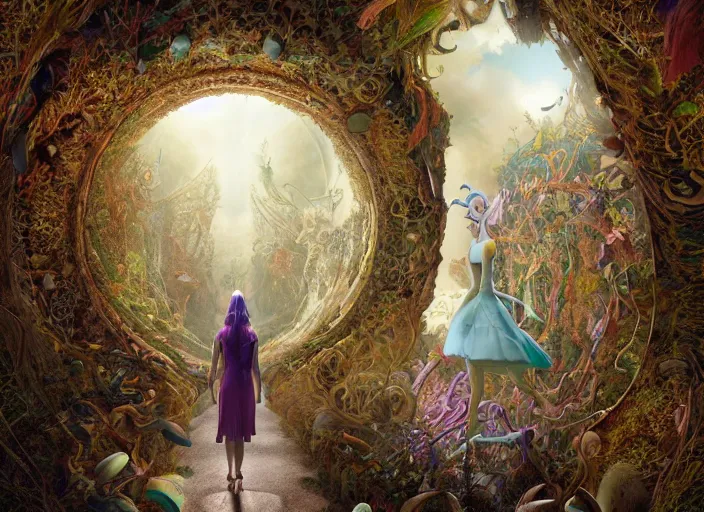 Image similar to vfx surreal 3 d portrait of alice from wonderland walking into a non - euclidean and infinite tunnel of evanescent hallucinatory images, reflections in endless mirrors, hyperdetailed, octane render, sharp focus, concept art, intricate by alex grey, greg rutkowski jeff soto and daniel merriam, dan mumford and pixar, octane render