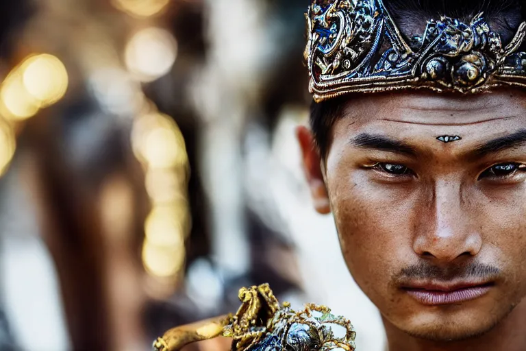 Prompt: close - up portrait photo of a beautiful khmer warrior prince in a battle scene, detailed eyes, shallow depth of field, photorealistic, cinematic lighting, lovely bokeh, warm colours, dusk