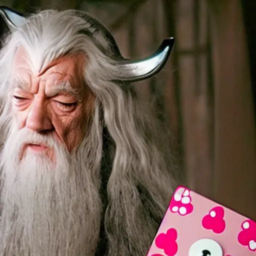 Image similar to portraid of gandalf wearing a Hello Kitty costume, holding a blank playing card up to the camera, movie still from the lord of the rings