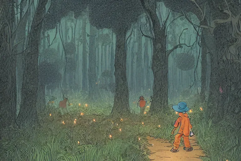 Prompt: a young boy with a hat entering a huge mysterious and fantasy forest with a distant clearing, large openpath, mushrooms, large trees, lush exotic vegetation, large rocks, glowing light, large bugs and fireflies, very graphic illustration by jean giraud and victo ngai, ultradetailed, clean line, color comics style, dynamic lighting, night