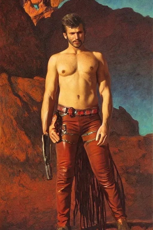 Prompt: an dramatic homoerotic painting of a handsome shirtless gunslinger wearing a bandolier and fringed leather pants | red desert mesa background at twilight | by bill ward, by tom of finland, by albert bierstadt, by louis comfort tiffany | trending on artstation