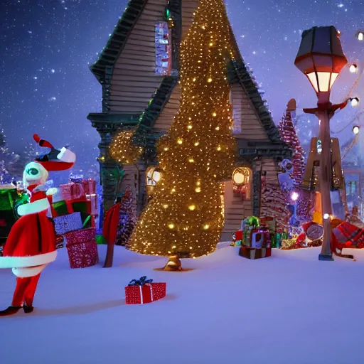 Prompt: a 3d render of Christmas town, nightmare before Christmas, unreal engine, high detail, 4k