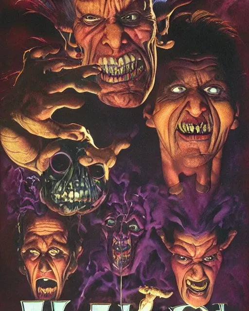 Prompt: movie poster for ( 1 9 8 9 ) ( hyperreal detailed facial features and uv lighting, art by ed roth, frank frazetta, glenn fabry and basil wolverton, purple accents directed by david cronenberg )