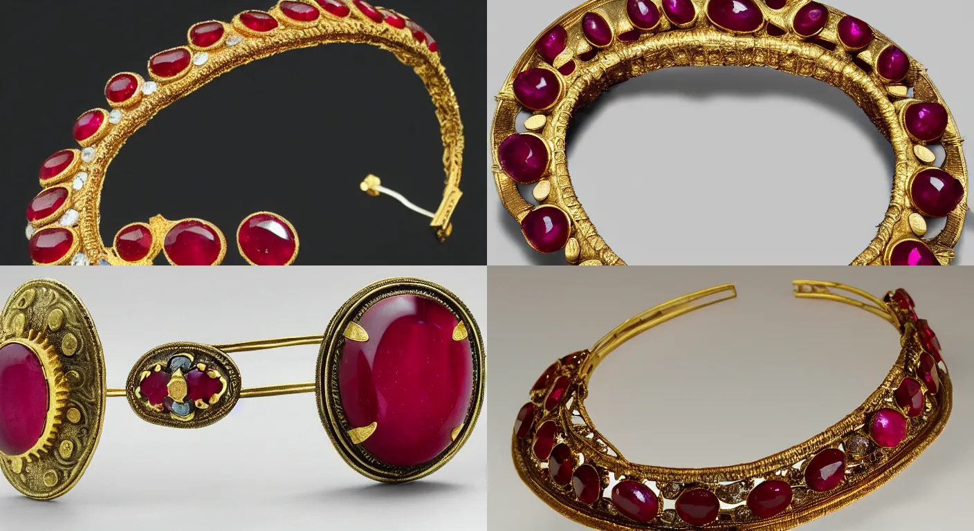Prompt: a high quality photo of an ancient headband circlet, stamped gold and a large oval ruby, diadem, forehead jewelry, The Metropolitan Museum of Art