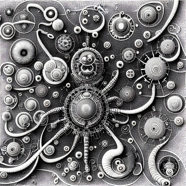 Image similar to a black and white drawing of variety of sea life as a hyperdetailed mech with electronic equipment space station, a microscopic photo by ernst haeckel, zbrush central, kinetic pointillism, intricate patterns, photoillustration