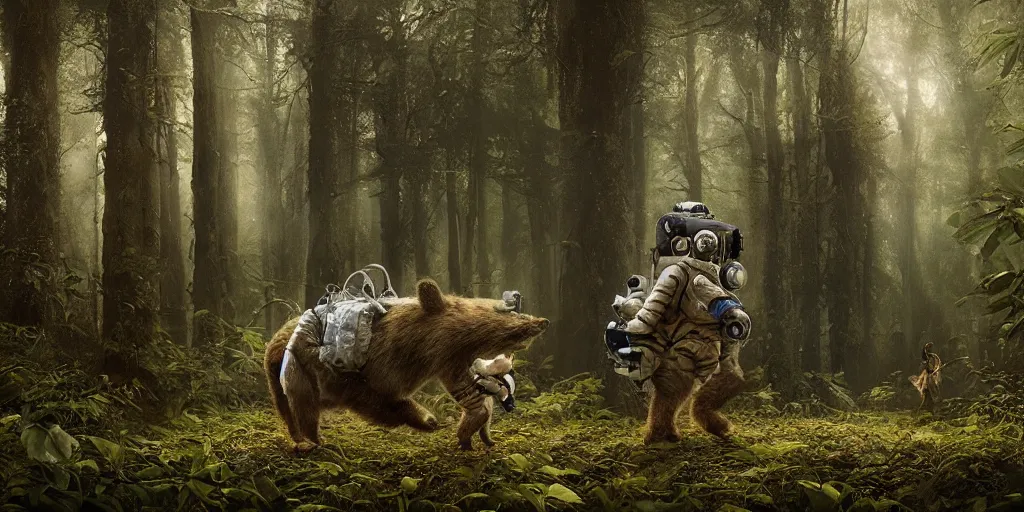Image similar to an astronaut and a strange furry creature in a forest, a detailed matte painting by frieke janssens, featured on cgsociety, fantasy art, matte painting, reimagined by industrial light and magic, matte drawing