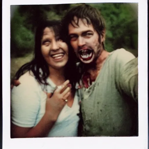 Image similar to polaroid of a happy couple looking into the camera during a zombie apocalypse