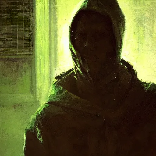 Image similar to portrait of a chad programmer with green hood by jeremy mann, dramatic lighting, close up