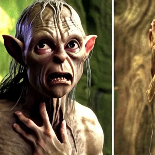 Image similar to xqc as gollum, lotr, cinematic still