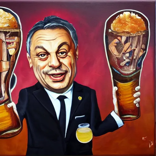 Prompt: viktor orban with a beer, anatomically correct, oil painting, highly detailed