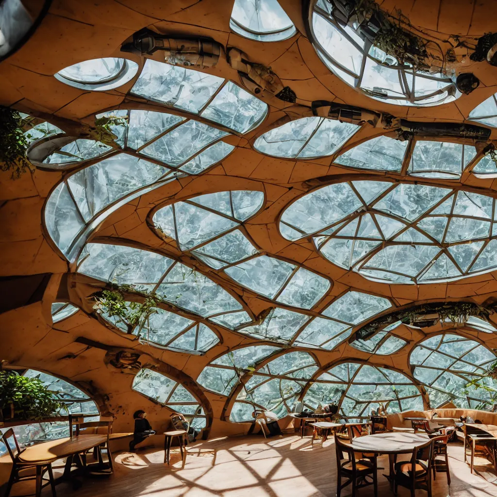 Image similar to inside luxurious earthship with futuristic sunken lounge and indoor garden with circular skylights, dining hall and recreation space, XF IQ4, 150MP, 50mm, F1.4, ISO 200, 1/160s, dawn