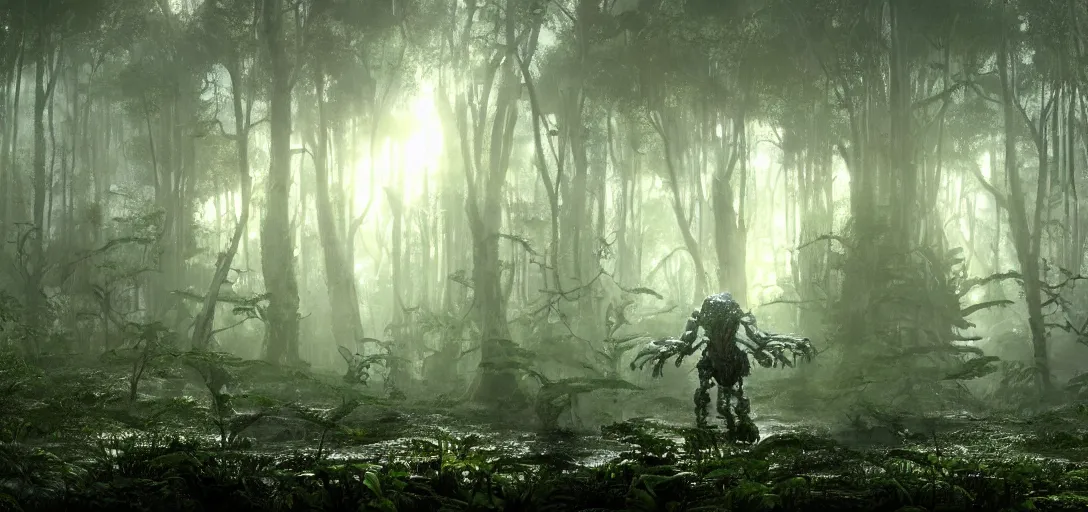 Image similar to a complex organic fractal 3 d metallic symbiotic ceramic humanoid megastructure creature in a swampy lush forest, foggy, sun rays, cinematic shot, isometric, photo still from movie by denis villeneuve, wayne barlowe