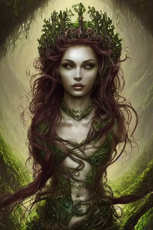 Image similar to a beautiful young woman, Vraska golgari queen, long flowing medusa hair, mostly green and leather pirate armor, young female face, vine like plants and jungle background, cinematic top lighting, insanely detailed and intricate, face by wlop, Charlie Bowater, golden ratio, symmetric, elegant, ornate, luxury, elite, matte painting, MTG, magic the gatheing, cinematic, cgsociety, 8k, high resolution