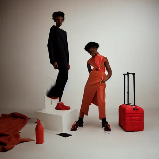 Prompt: realistic photoshooting for a new balenciaga lookbook, color film photography, portrait of a beautiful woman, set design by wes anderson, in style of Tyler Mitchell, 35mm,