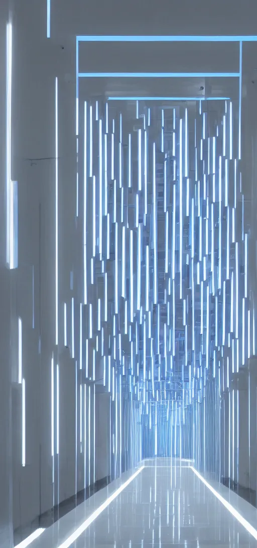 Image similar to an infinite white hallway with white pipes and blue screens on its walls