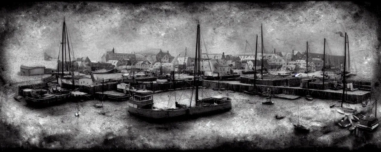 Prompt: a tintype miniature diorama of the harbour at stromness orkney, by joel peter witkin and sarah moon, macro photography, grainy, snow, highly detailed, gloomy and foggy atmosphere, octane render, cinematic lighting tri - x, 8 k, hd