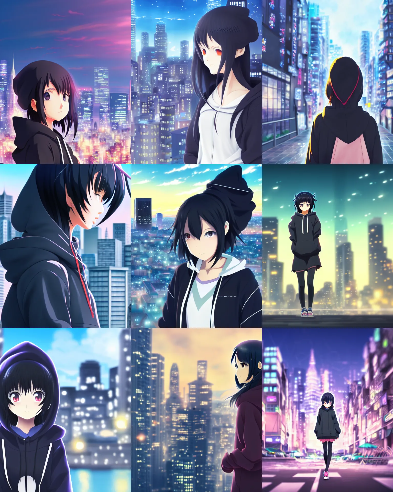Prompt: black haired girl wearing hoodie, city cityscape, anime epic artwork, kyoto animation, key visual, 4 k, highly detailed