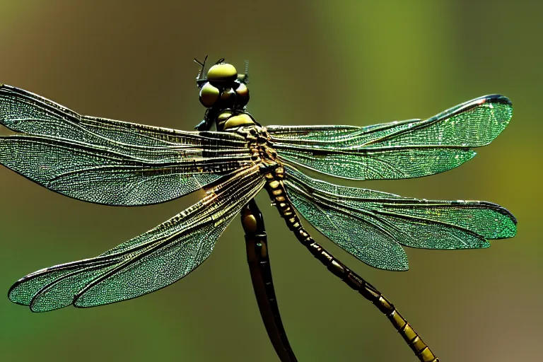 Image similar to dragonfly with metallic armor with filigree wings taking off a green leaf, steampunk style, octane renderer, macro shot, highly detailed, ultra realistic 4K, depth blur