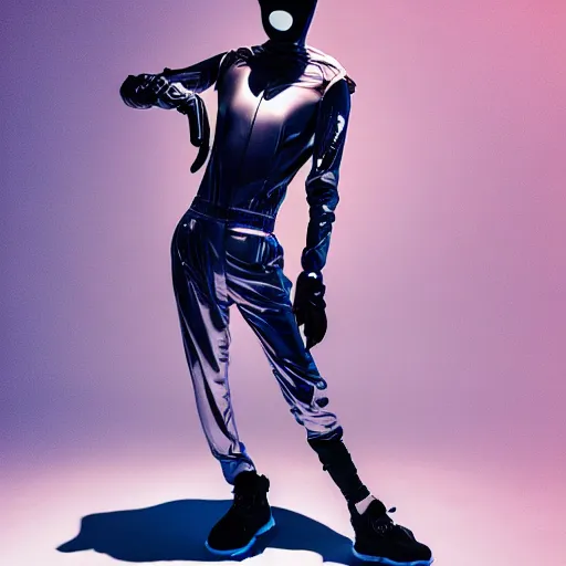 Image similar to a mannequin dressed in a futuristic cyberpunk outfit, hoodie, baggy pants, fashion photography, studio lighting, ash thorp