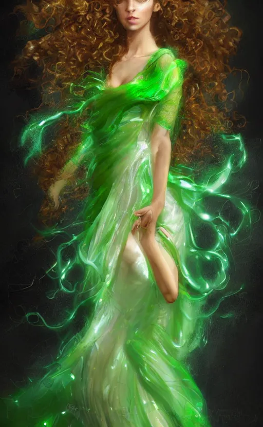 Image similar to a young woman with wild, curly hair and bright green eyes. she's wearing a flowing dress made of light, airy fabric and she has a mischievous look on her face, dynamic lighting, photorealistic fantasy concept art, trending on art station, stunning visuals, creative, cinematic, ultra detailed