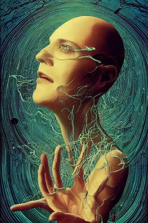 Prompt: poster artwork by Michael Whelan and Tomer Hanuka, Karol Bak of collective neurological consciousness as imagined by Carl Jung, from scene from Twin Peaks, clean, simple illustration, nostalgic, domestic, full of details