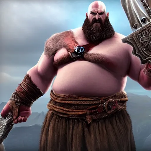 Prompt: morbidly obese god of war has like ten chins