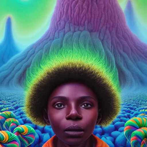 Image similar to a black boy dressed like an explorer in a field of candy, by Adi granov and afarin sajedi and amanda sage and evgeni gordiets and Agostino Arrivabene and adonna khare in a psychedelic portrait style, ultrarealistic matte painting, volumetric lighting, fractal, extremely symmetrical, highly detailed face, orisha, 8k, hd