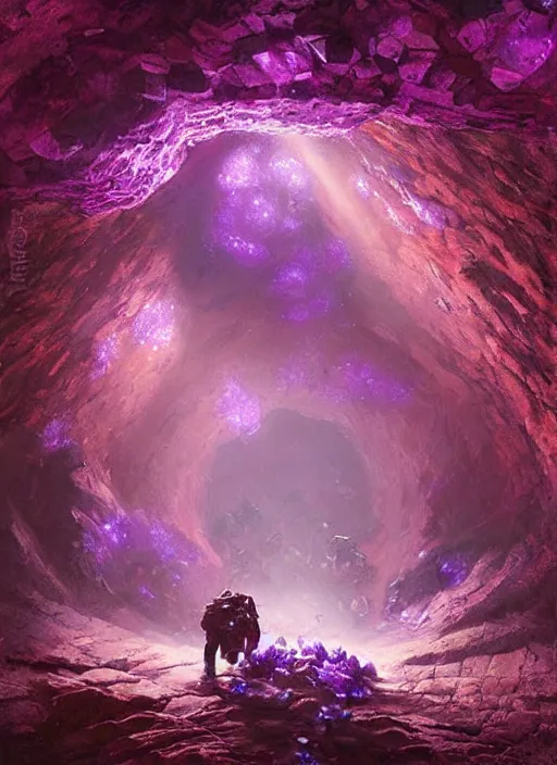 Prompt: beautiful hyper realistic zergling tunnel in cave of purple crystals, beautiful painting by greg rutkowski