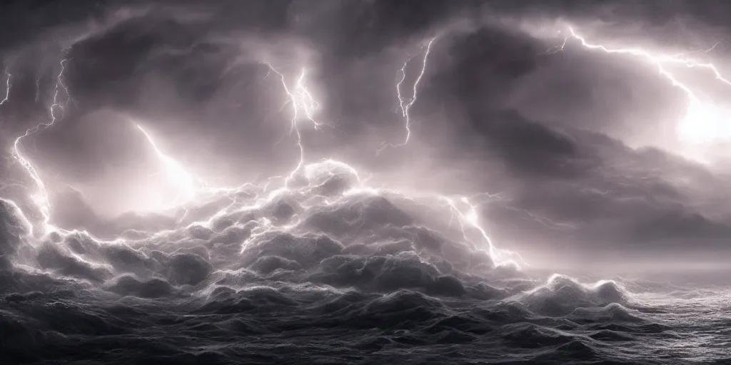 Image similar to several white perfect spheres with biological patterns hovering above a tumultuous sea, dramatic, lightning, tornado, digital art, dramatic light, 8k, artstation